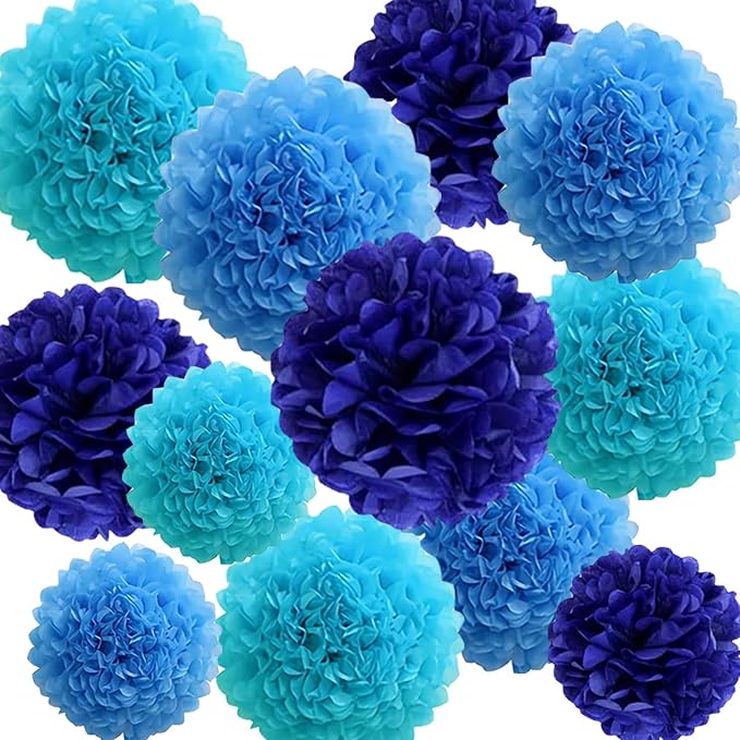12Pcs Blue Hanging Tissue Paper Pom Poms, Pompoms Flowers by SIPRKAICT