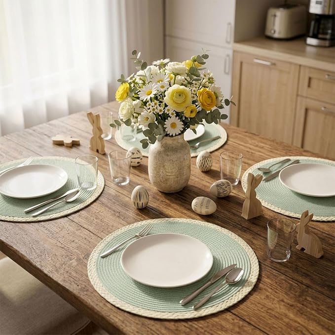 Round Placemats Set of 6, Woven Table Mats, Mint Green | Braided Paper Edge - Image 5