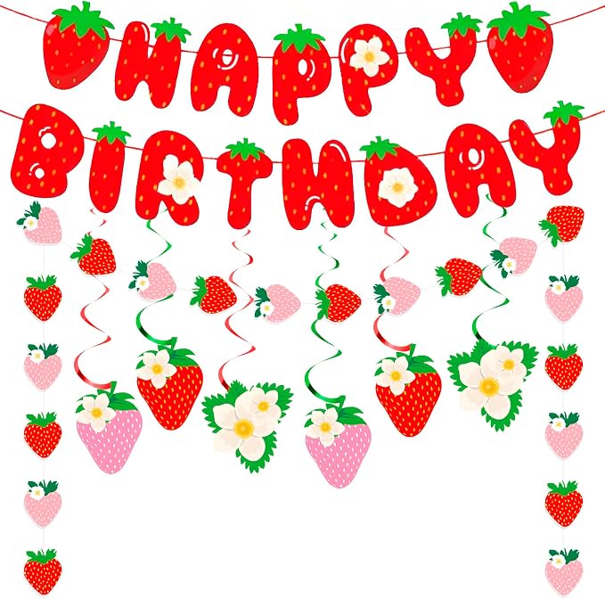 MEETINGU Strawberry Happy Birthday Banner, Strawberry Set Strawberry Themed by MEETINGU