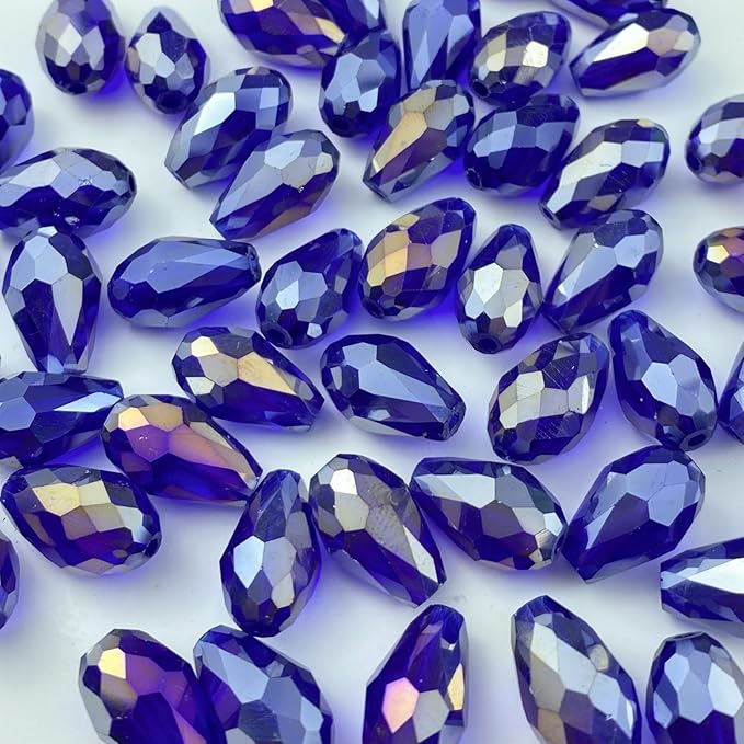 50pcs 10x15mm Teardrop Crystal Glass Beads Vertical Hole Faceted Glass Teardrop Spacer Beads for Bracelets Necklace Earring DIY Jewelry Making Craft(Sapphire Blue AB)