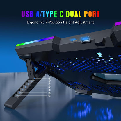 Laptop Cooling Pad, Gaming Laptop Cooler with 10 Quiet Fans, Height Adjustable Laptop Cooling Stand for 12"-17" Laptops, RGB Lights with Laptop Fan with 2 USB Port and Phone Stand