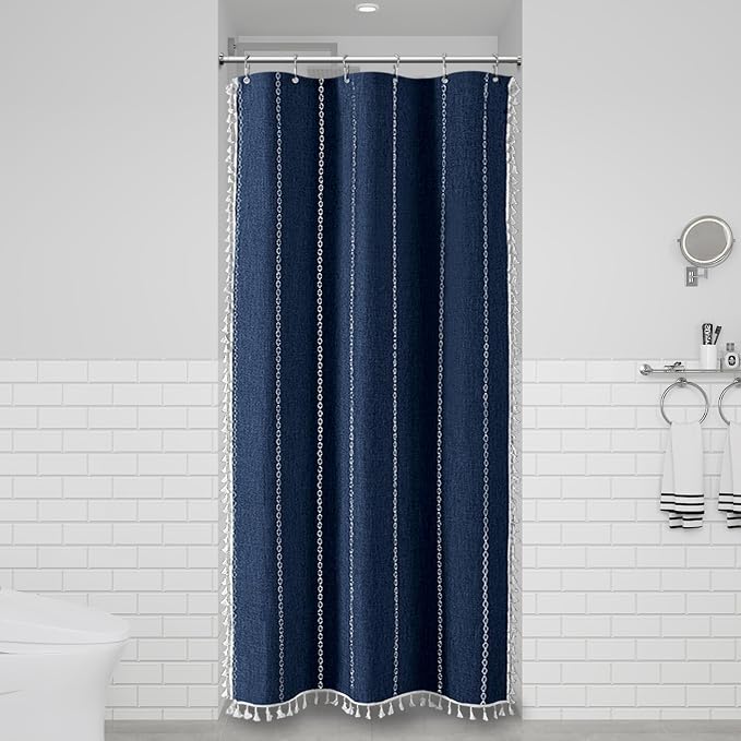 Small Boho Linen Heavy Duty Cloth Shower Curtain, 330GSM Linen Blend, Water - Image 6