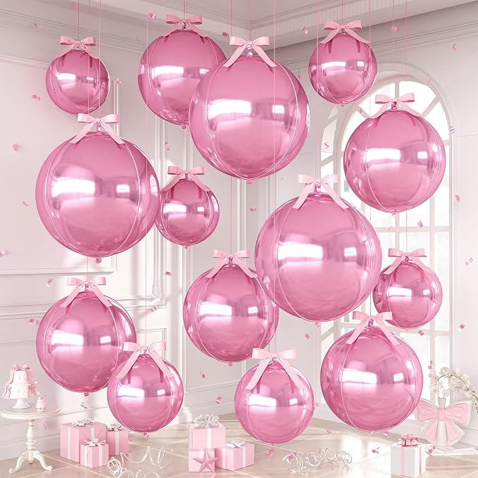 Pink Round Foil Balloons with Satin Bows Ribbon by Dagelar