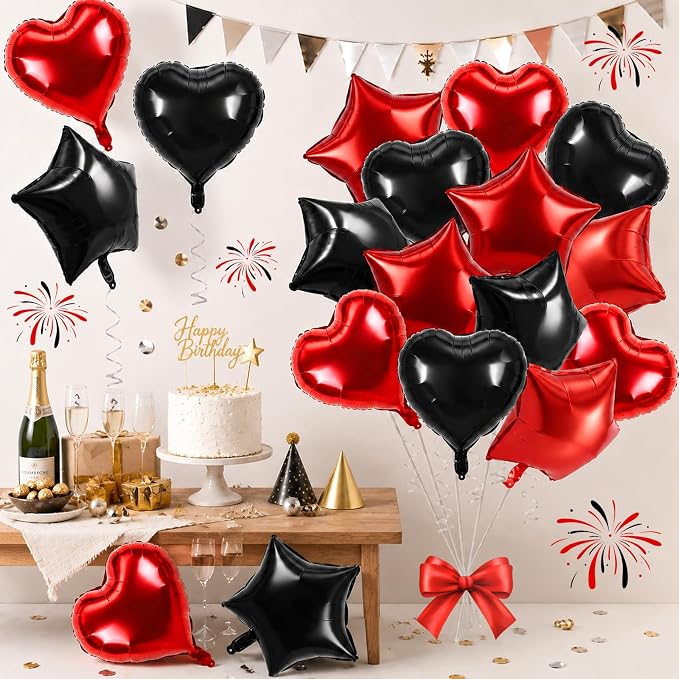 TONIFUL 18 Inch Black Red Star and Heart Foil Balloons by TONIFUL