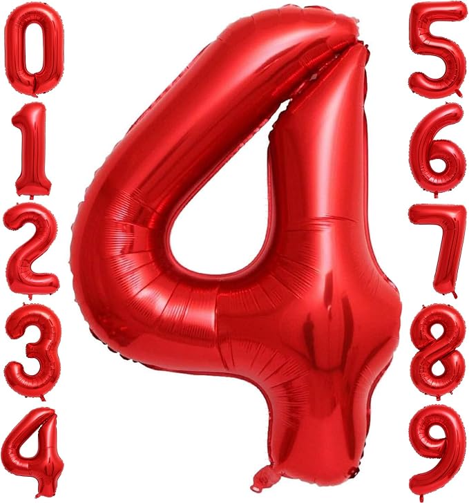 Red 4 Number Balloons, 40 Inch 4 Balloons Foil Mylar Helium Big Red 4 Balloon by BBPOOL