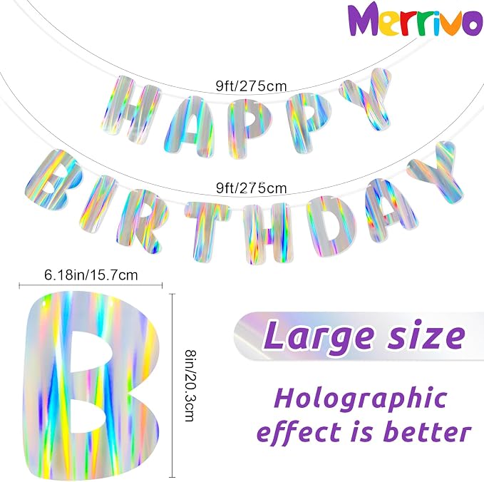Iridescent Happy Birthday Banner, Pre-Strung Holographic Birthday Decorations - Image 2