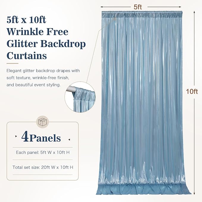 20x10ft Dusty Blue Sequin Backdrop Curtains, Wrinkle Free Glitter Backdrop - Image 8