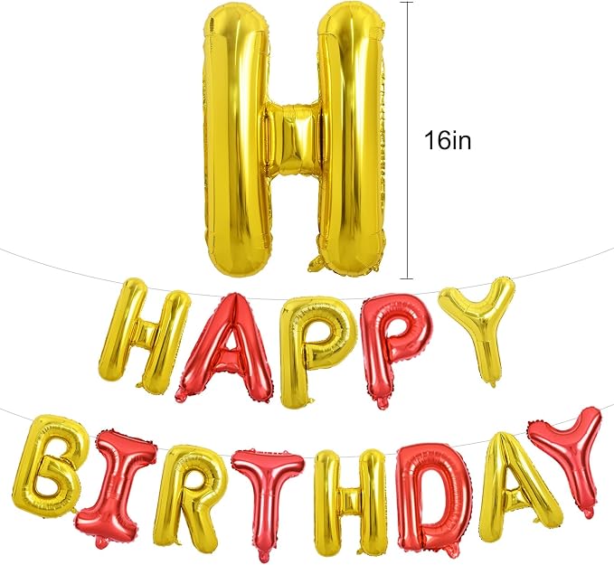 TONIFUL 16 Inch Red Gold Happy Birthday Balloons Banner Decor - Image 2