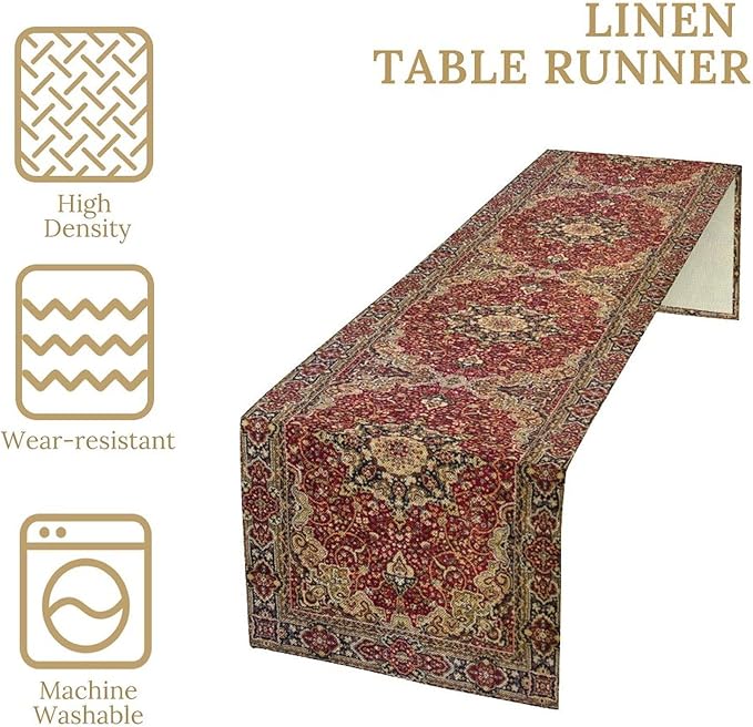 Vintage Boho Floral Table Runner, Rustic Country Farmhouse Red Gold Bohemia Flower Pattern for Home Kitchen Table Decor Dining Coffee Room Party Decor 13x60in