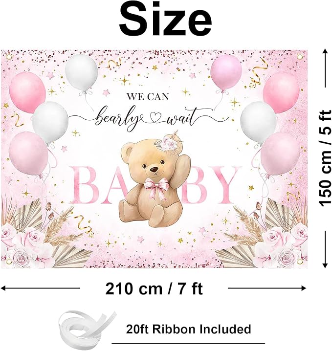 Pink Bear Baby Shower Backdrop 7x5 ft We Can Bearly Wait Banner - Image 2
