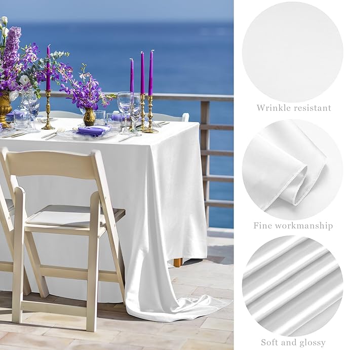 TURSTIN 8 Packs White Satin Tablecloth 102 x 58 Inch Overlay Satin Table Cover Rectangle Bright Silk Tablecloth Smooth Fabric Table Decoration for Wedding Banquet Party Events