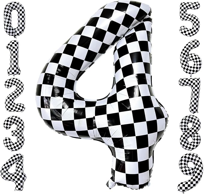 Checkered Number 4 Balloons 40 Inch Giant Race Car Checkered 4 Balloons by LHOAVWE