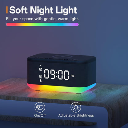 Alarm Clock Speaker Wireless Charger, Digital Alarm Clocks Bedrooms Bluetooth, Alarm Clock Dimmable Light Bedrooms Bluetooth Speaker Dual Alarm Snooze 12/24H Dimmer Support USB AUX, Black
