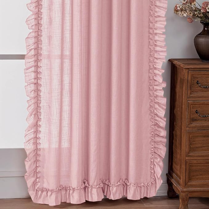 Blush Pink Ruffled Curtains for Girls Bedroom 47 x 63 Inch, 2 Panels | Rod - Image 8