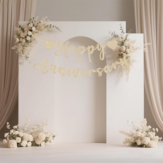 Happy Anniversary Banner, Pre-Strung Gold Glitter Wedding Anniversary - Image 4