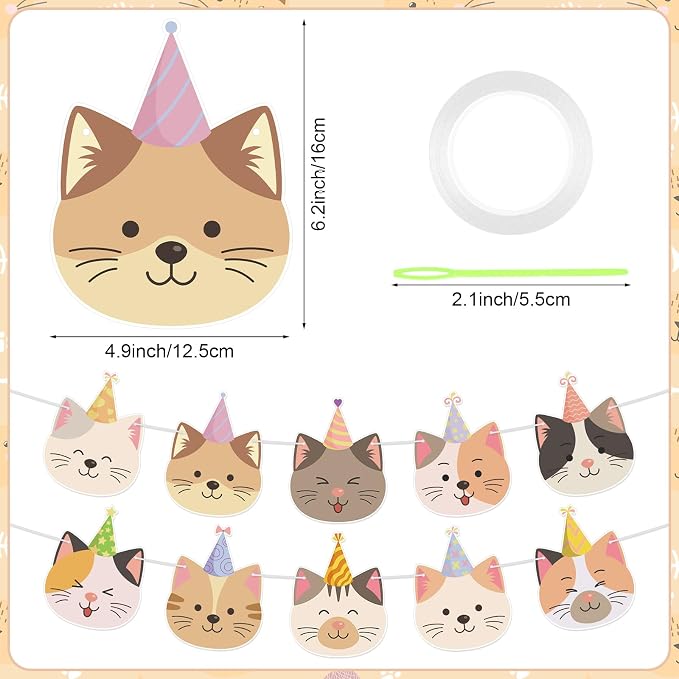 Hooqict Happy Birthday Banner Cat Birthday Decorations Party Banner Garland Sign - Image 2