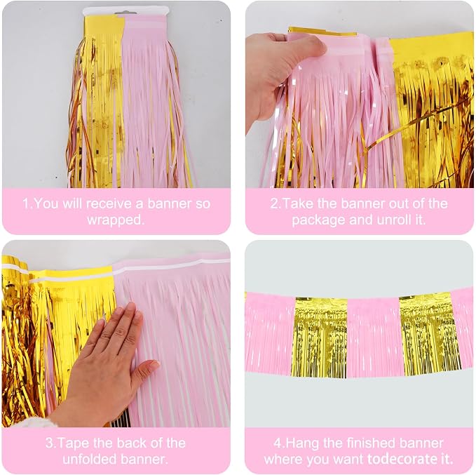 BEISHIDA Pink Gold Fringe Garland Banner 30ft Wall Tinsel Foil Streamers | 3Pack - Image 3