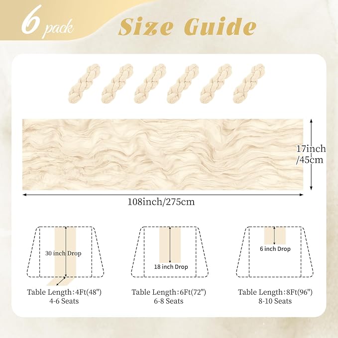 6 Pack Ivory Cheesecloth Table Runner 17x108 Inch Semi Sheer Boho Gauze Cheese - Image 2