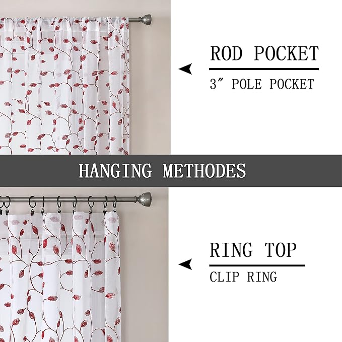 Tollpiz Leaves Short Sheer Curtains Burgundy Red Leaf Embroidery Bedroom - Image 5
