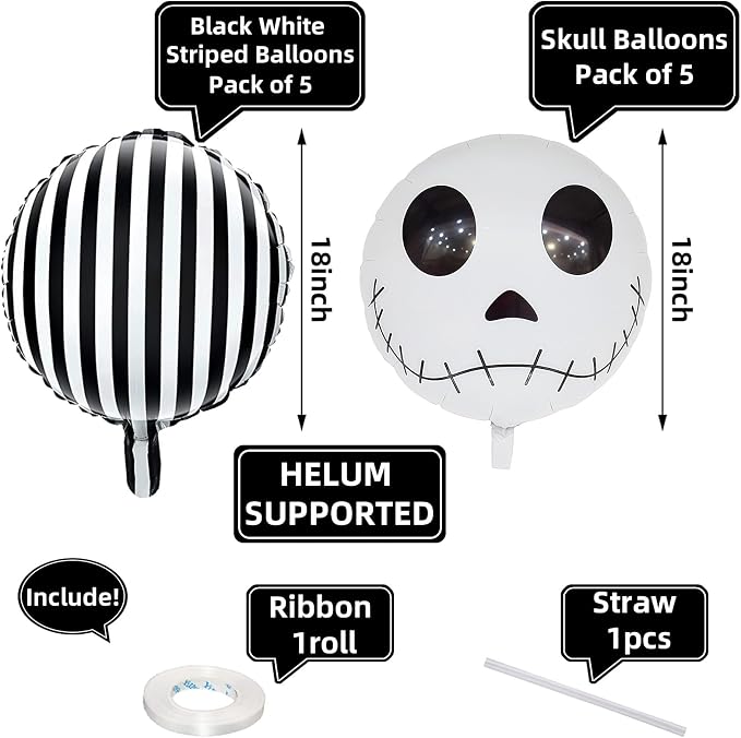 Jobkoo Halloween Balloons Decorations 18 Inch Skull Black and White Striped - Image 2