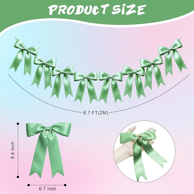 1 String of 8PCS Sage Green Bow Garland Banner Decoration, Pre-Strung Satin - Image 2