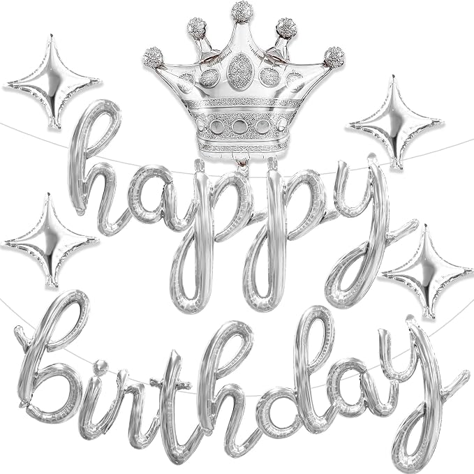 Silver Happy Birthday Balloons Banner 18 Inch Script/Cursive Foil Mylar Letter by Miusbit