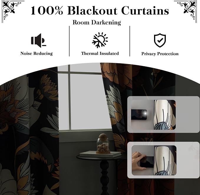 Tyrot Black Boho Floral 100% Blackout Curtains 54 Inch Long 2 Panels Mid - Image 3