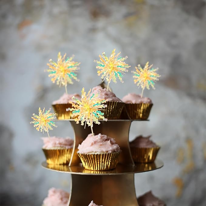 Gyufise 20Pcs Foil Firework Cupcake Toppers Happy Birthday Cake Toppers Tinsel - Image 6
