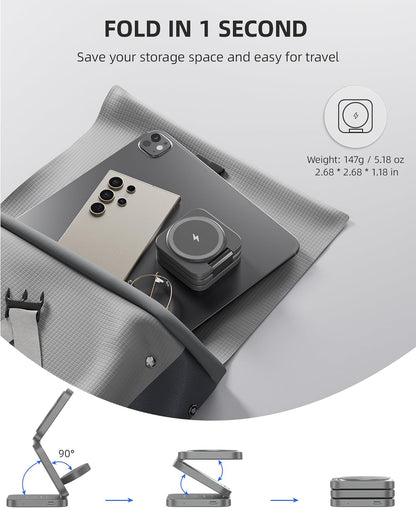 Foldable 3 in 1 Wireless Charging Station for Samsung, KU XIU X55 Ultra Magnetic Travel Charger Stand for Galaxy S24 Ultra S23 S22 Note 20 Z Fold Flip 6 5, Galaxy Watch Ultra 7 6 5, Galaxy Buds, Gray