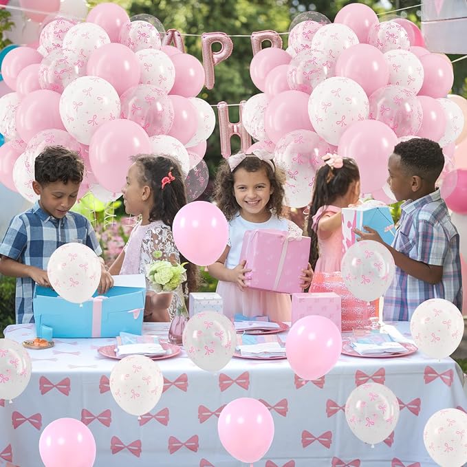 HILAVO Pink Bow Balloons, 12 Inch Pastel Light Pink Transparent White Bow Print - Image 5