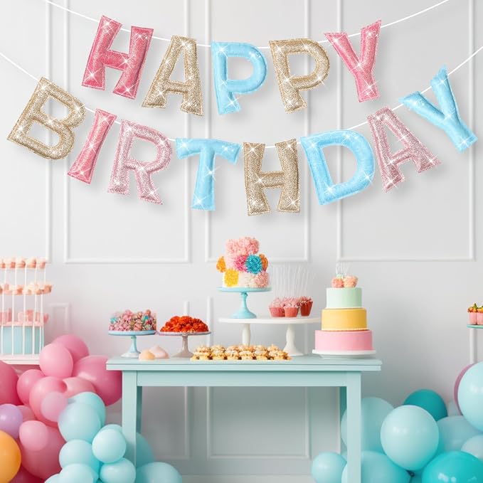 Tegeme Felt Happy Birthday Banner, Pre-strung Glitter Pastel Happy Birthday - Image 4