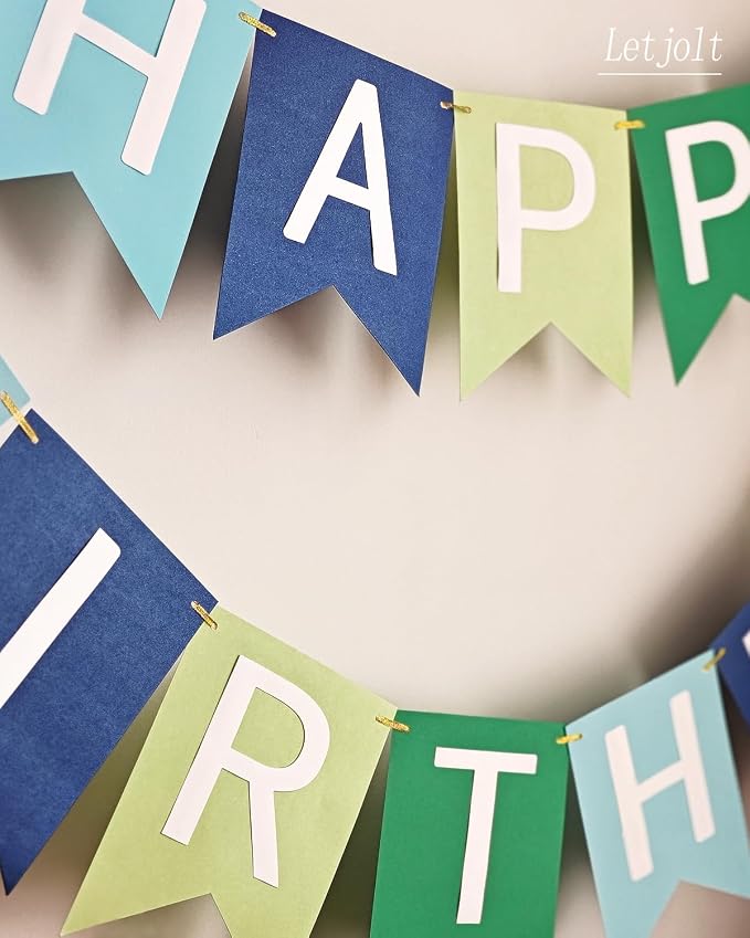 Letjolt Happy Birthday Banner Blue Green Handmade Garland 13pcs | Pre-Strung - Image 4