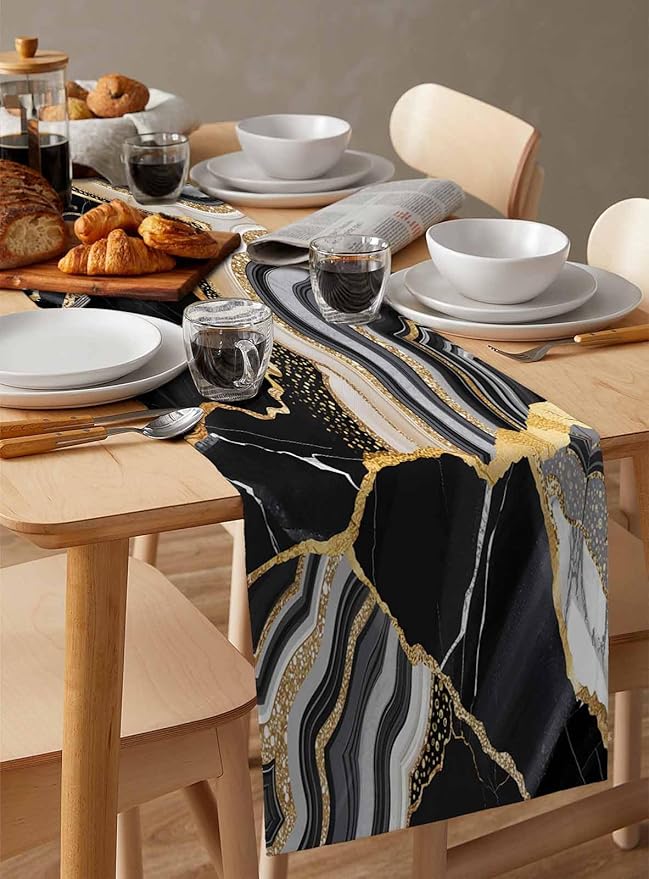 Geometric Black Marble Cotton Linen Table Runner for Dining Kitchen, Wedding Outdoor Party Tablerunners Decoration, Farm Marble Liquid Ripple Abstract Dresser Scarf Coffee Tablecloth Runners 13''x60''