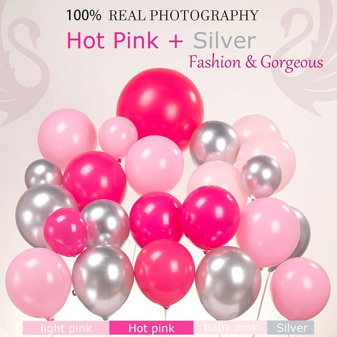 Hot Pink Silver Balloon garland arch kit 145PCS Pastel Pink and silver Star - Image 3