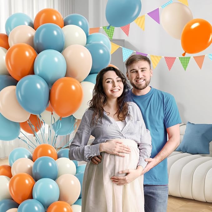 60pcs 12inch Blue and Orange Balloons, Dusty Blue Orange Sand White Nude - Image 6