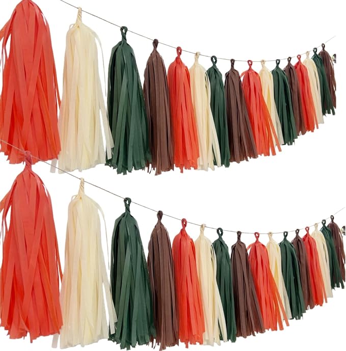 DIY Tissue Paper Tassels Garland Banner Kit, 20 Pieces Sage Green Brown Orange - Image 3