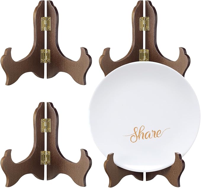 Tatuo 4 Packs Wooden Display Stand Decorative Plate Stands for Display Picture Frame Holder Easels (Brown,5 Inch)