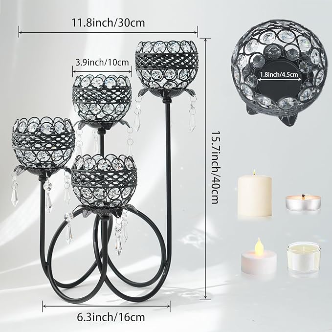 4 Arms Crystal Candelabra Tealight Holder - Tall 15.7 Inch Elegant Centerpiece with Crystal Pendant Bowls & Artistic Metal Stand for Wedding, Dining Table, Home Decor (2, Black)