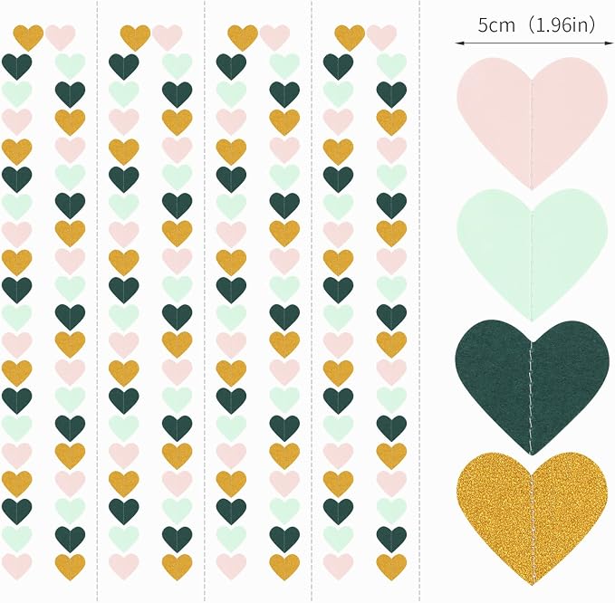 Sage-Green Mint Pink-Gold Love-Heart Garland - 52Ft Rustic Wedding Hanging - Image 2
