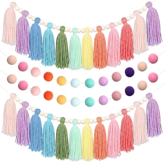 Tenceur Pastel Tassel Garland and Pom Pom Banner Set- 4 Pcs Rainbow Wall Decor by Tenceur