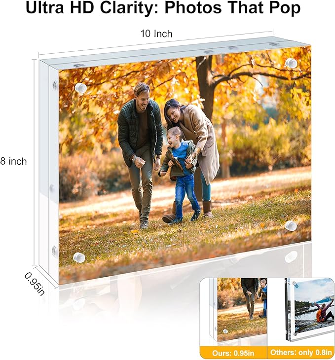 1 Pack 8x10 Acrylic Picture Frames - 20% Thicker Double Sided Magnetic Frame with UV Protection - Freestanding Clear Frameless Display for Tabletops - Modern Photo Frame Set for Home & Office Decor