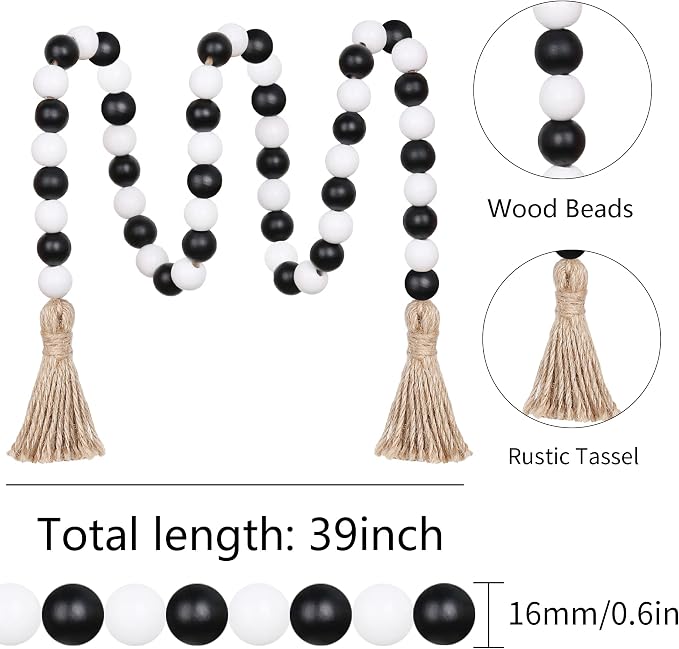 Meplait Wood Bead Garland, 39in Decorative Tassels Garland, Rustic Farmhouse - Image 6