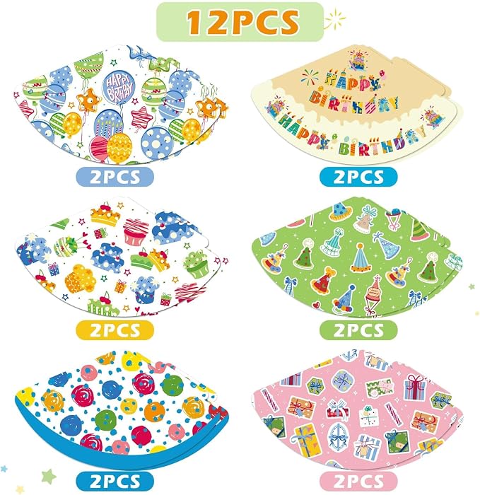 WERNNSAI 12 Pcs Birthday Party Hats Assorted Themes Cone Paper Headbands | - Image 3