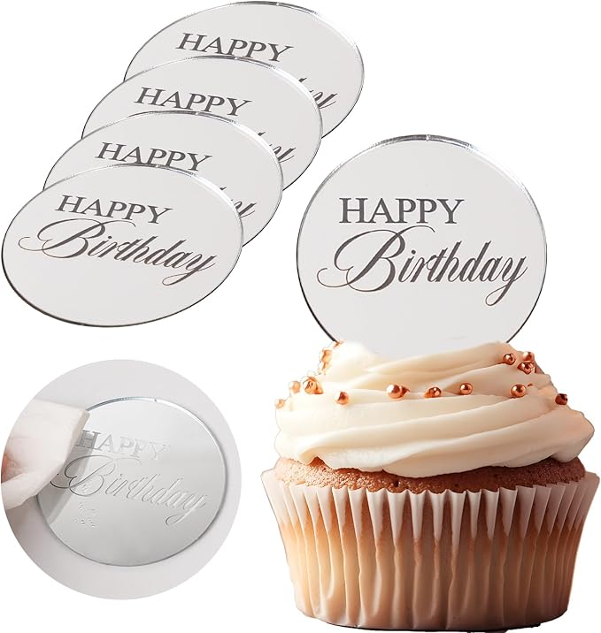 20pcs Silver Birthday Cupcake Toppers Acrylic Cake Picks by Wolpark