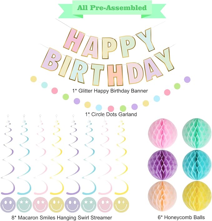 YEOCU Birthday Decorations, No DIY Pre-Strung Happy Birthday Banner | Pastel - Image 2