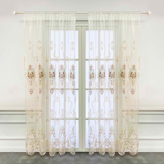 1pc Luxury Embroidered Floral Sheer Tulle Curtain - Image 2