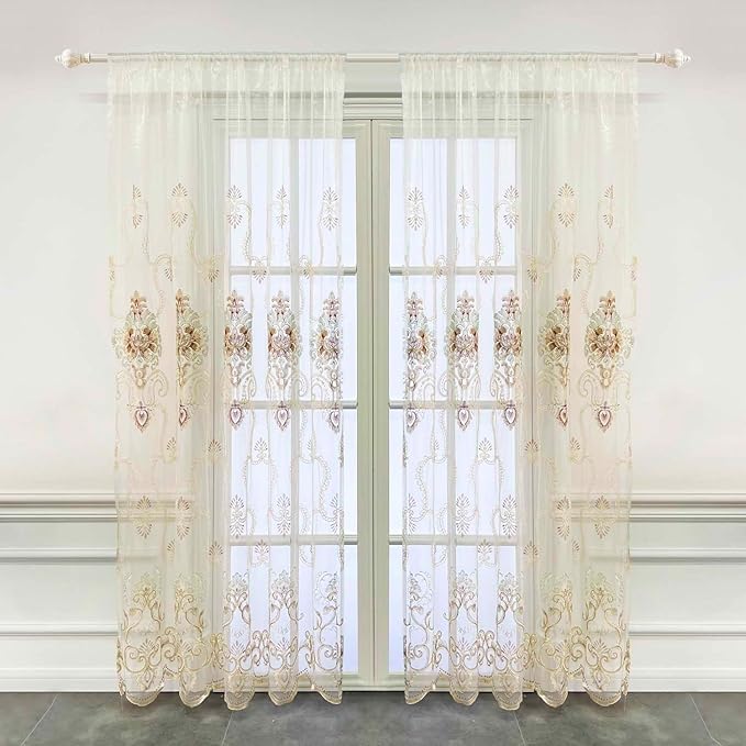 1pc Luxury Embroidered Floral Sheer Tulle Curtain - Image 2