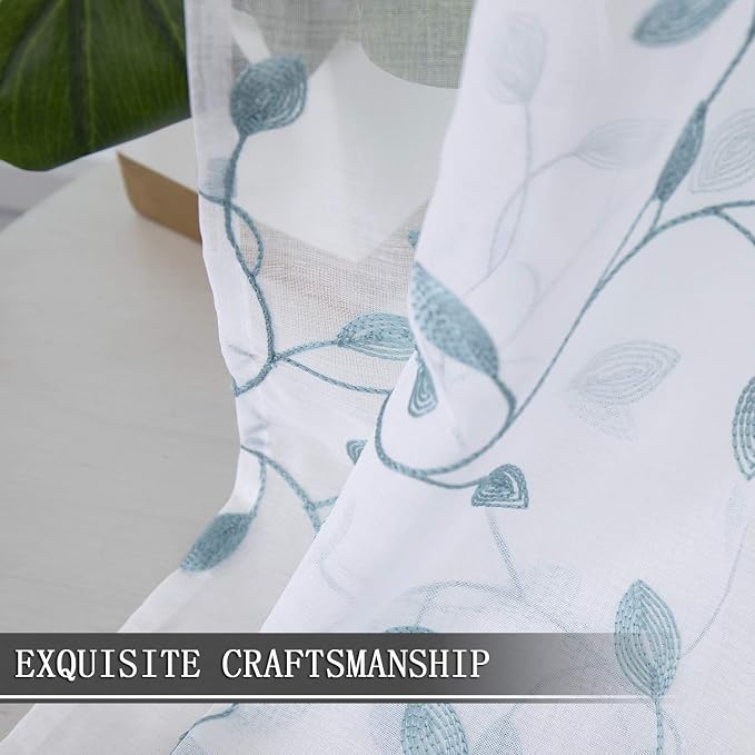 Tollpiz Leaves Short Sheer Curtain Teal Blue Leaf Embroidery Living Room - Image 6