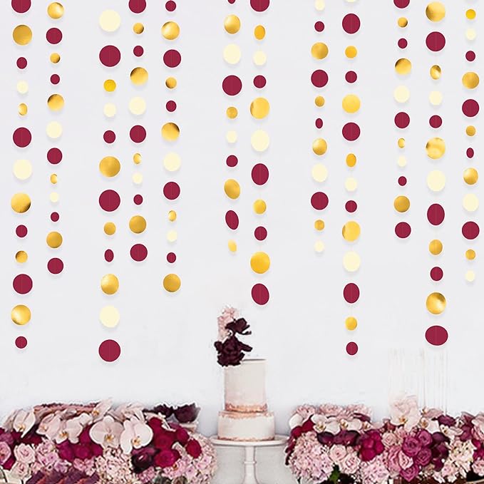 46 Ft Maroon Gold Party Decorations Burgundy Gold Beige Polka Dot Garland Hanging Paper Circle Dots Streamer for Maroon Garnet Graduation Birthday Anniversary Wedding Bridal Shower Party Supplies