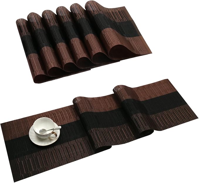SHACOS Placemats with Table Runner Set of 7 Woven Vinyl Plastic Wipe Clean Heat by SHACOS